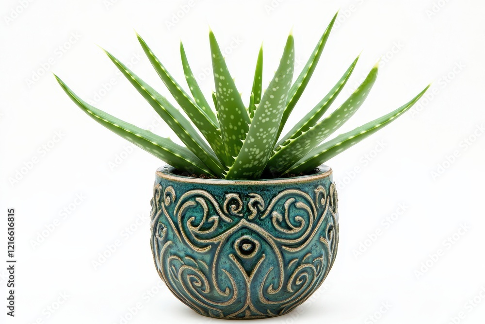 Studio shot of aloe vera in decorative pot on white background Studio shot of aloe vera in decorative pot on white background