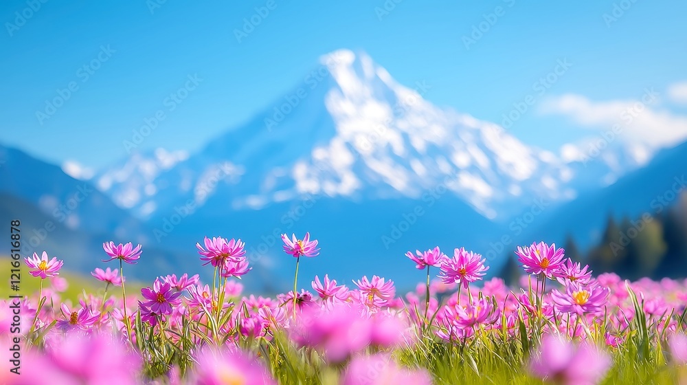 Alpine Spring Serenity, picturesque mountain landscape adorned with vibrant blooming meadows, clear skies, serene atmosphere, inviting tranquility and natural beauty. Alpine Spring Serenity, picturesque mountain landscape adorned with vibrant blooming meadows, clear skies, serene atmosphere, inviting tranquility and natural beauty.