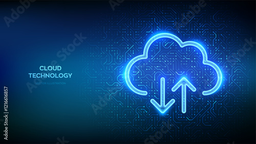 Cloud icon. Cloud computing service. Database storage, Data center. Transfer data. Secure Cloud Storage. Upload download app. Circuit board pattern. PCB printed circuit texture. Vector illustration.