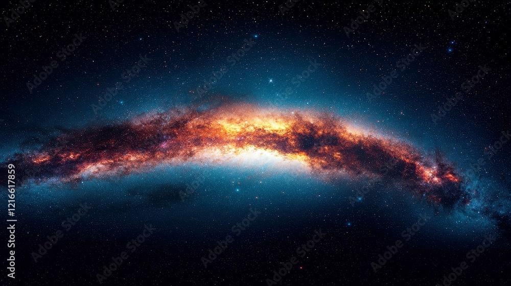 Fototapeta premium Panoramic view of the Milky Way galaxy, showcasing vibrant stars, intricate nebulae, and shimmering stardust in a serene night sky, inviting a sense of wonder.