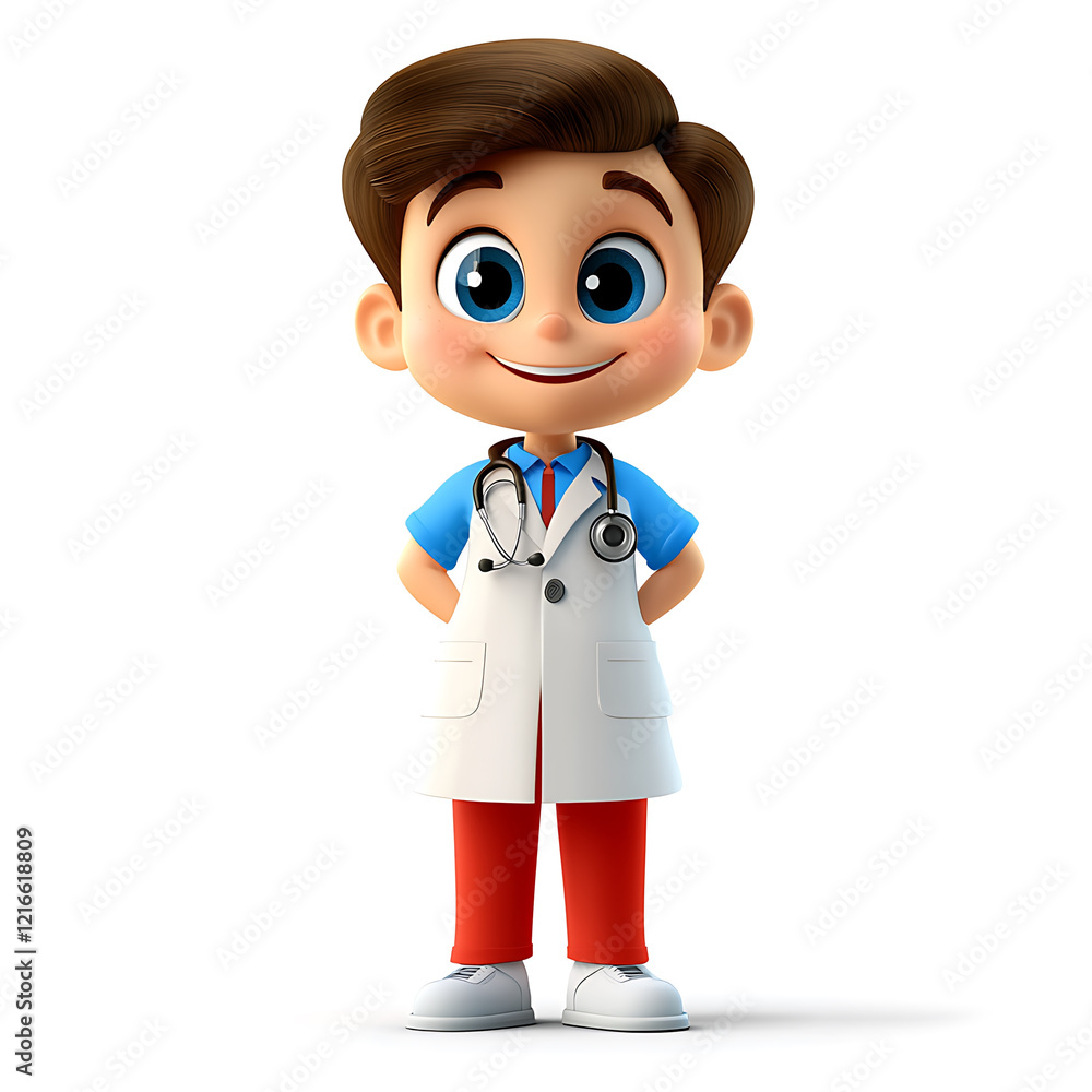 Smiling cartoon boy doctor, hands on hips, wearing a white coat and stethoscope. Smiling cartoon boy doctor, hands on hips, wearing a white coat and stethoscope.