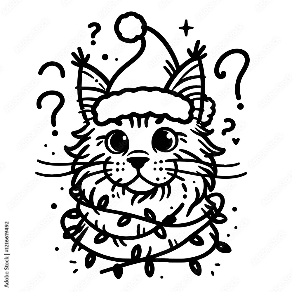 A cute cat wearing a Santa hat, tangled in Christmas lights, surrounded by whimsical question marks and stars. A cute cat wearing a Santa hat, tangled in Christmas lights, surrounded by whimsical question marks and stars.