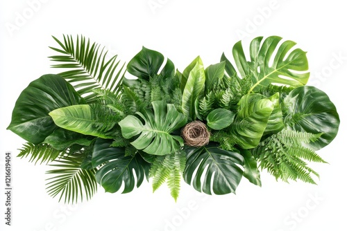 Lush tropical foliage arrangement, bird's nest, white background, design element photo