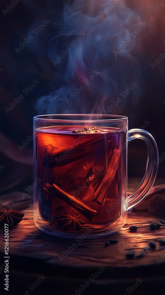 Steaming spiced drink in glass on wood. Dark background, warm vibe, for beverage use Steaming spiced drink in glass on wood. Dark background, warm vibe, for beverage use