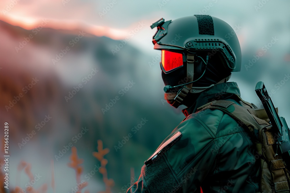 Obraz premium A man in a black jacket and goggles is standing on a mountain