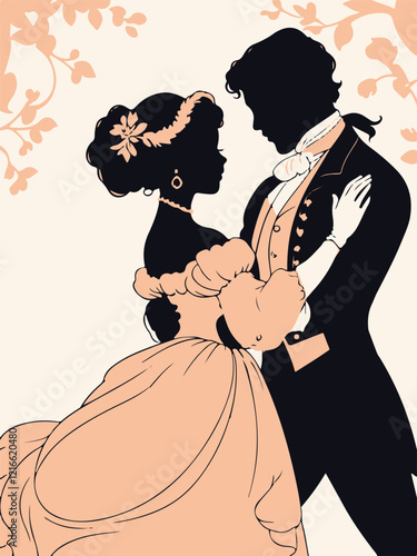 silhouettes of dancing ladies and gentlemen of the 19th century, aristocrats, Victorian era,