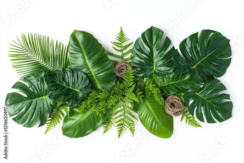 Tropical leaves arrangement, studio shot, white background, design element (1) photo