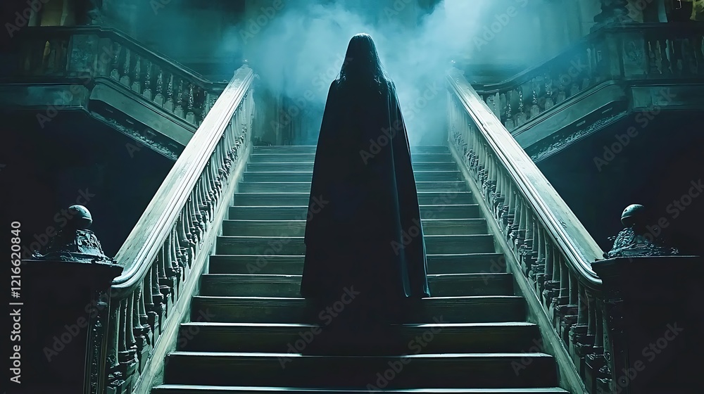 Fototapeta premium Hooded figure ascending grand staircase in haunted mansion; mystery, horror, film