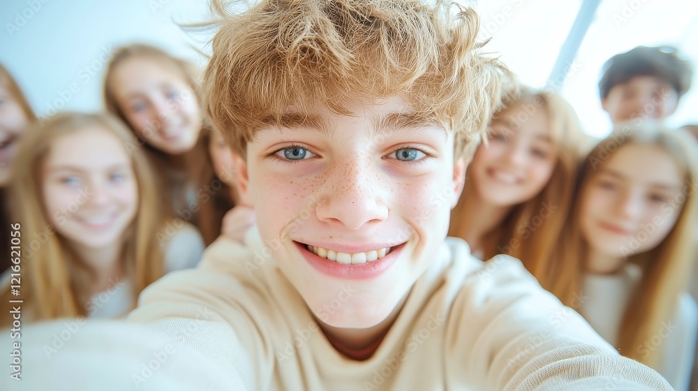 Fototapeta premium Teenagers capturing joyful moments, vibrant expressions, casual setting, bright atmosphere, playful interactions, showcasing friendship and spontaneity in an open space