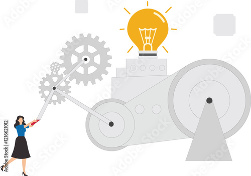Great idea development, strategy to success or improvement, efficiency or productivity concept, careful planning, businesswoman moves the cogwheel gears to activate the lightbulb idea