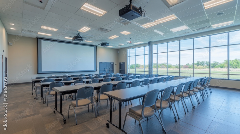 Fototapeta premium Modern Classroom with Large Windows and Projector