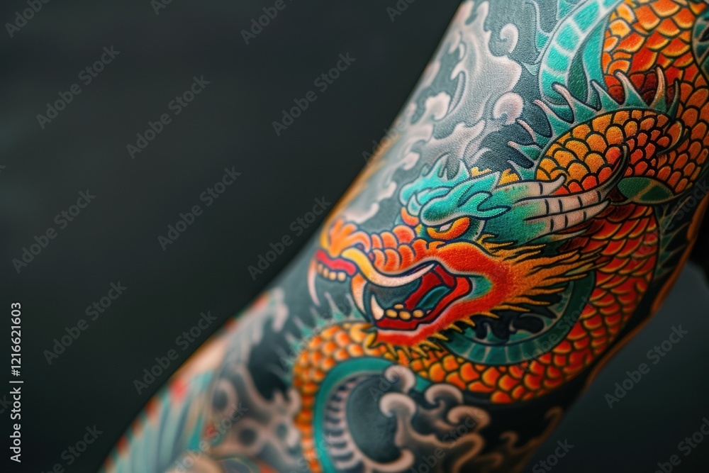 Obraz premium Photography of a colorful dragon tattoo on an arm 