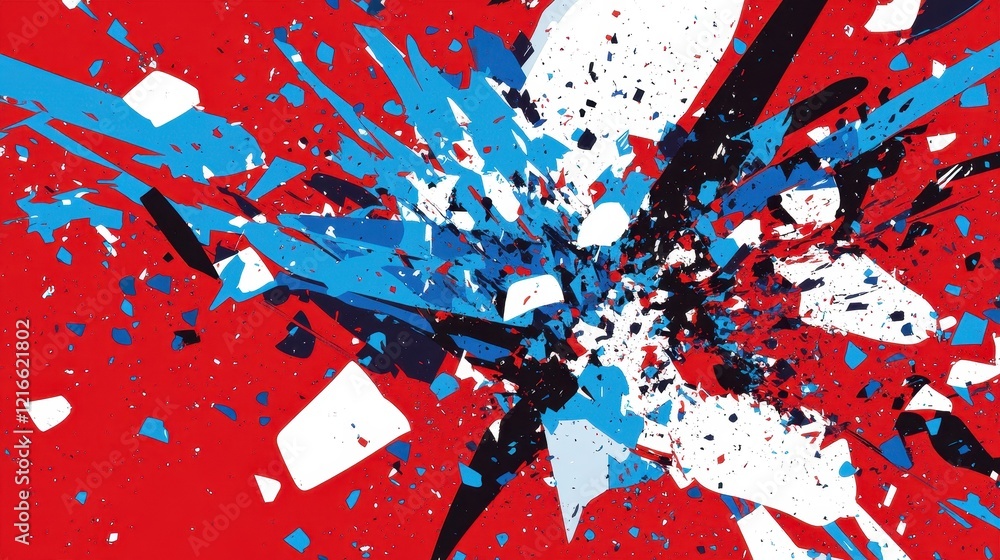 Naklejka premium Abstract Red Blue White Black Shattered Explosion Artwork
