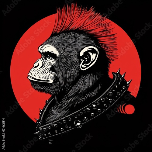 Punk Chimpanzee Profile with Red Mohawk and Spiked Collar photo