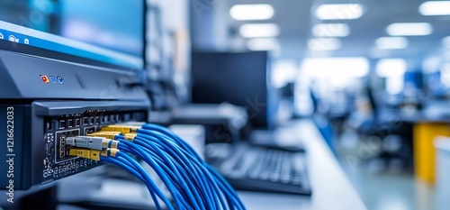 Office network cables connected to server, blurred background