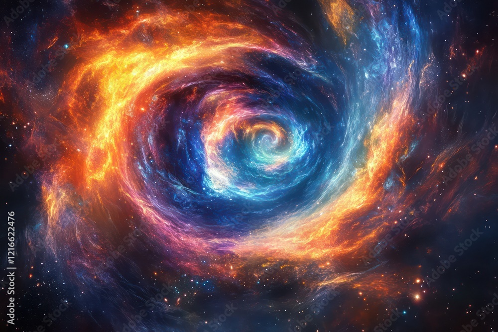Intergalactic sky with swirling, colorful nebulas spreading across a star-studded canvas, filled with cosmic energy and mysterious light