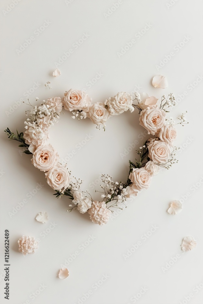 Crafted with soft pink roses and wildflowers, this heart-shaped wreath floats gracefully against a soft white background, creating a romantic atmosphere ideal for celebrations or artistic uses Crafted with soft pink roses and wildflowers, this heart-shaped wreath floats gracefully against a soft white background, creating a romantic atmosphere ideal for celebrations or artistic uses