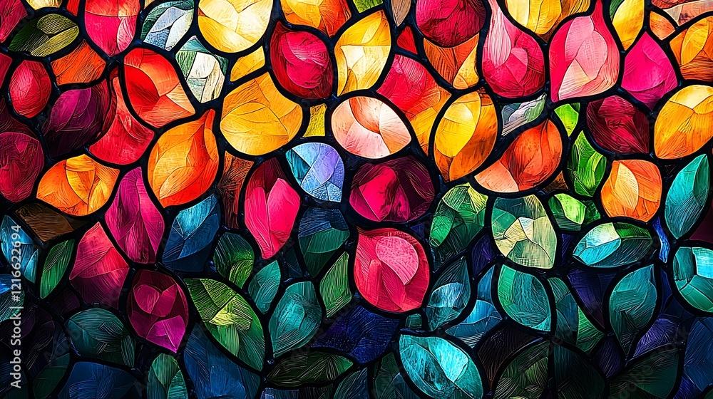 Vibrant Abstract Stained Glass Pattern with Jewel-toned Leaves. Vibrant Abstract Stained Glass Pattern with Jewel-toned Leaves.