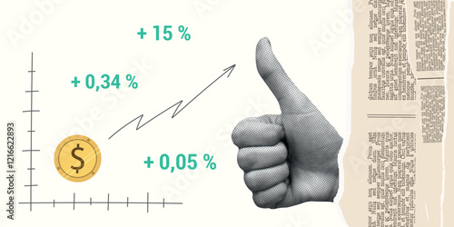 Contemporary Halftone Collage Hand for investments concept, marketing, trading. Online Stock banner with finance elements, coins, money. Vertical invest or business poster. Vector illustration.
