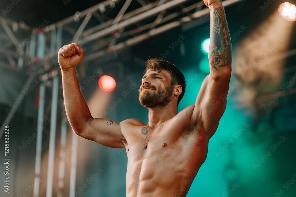 Fototapeta premium A man with tattoos on his arm is holding his arms up in the air