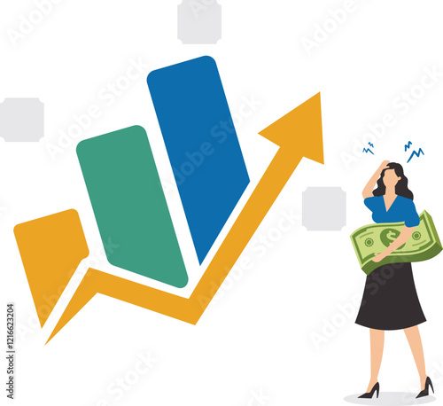 Business growth with investment earning rising up, profit performance or investment sales growth, market value of equity concept, businesswoman with banknotes observing business income growth graph