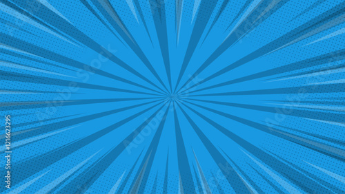 blue comic background with rays and halftone dots. Vector illustration.