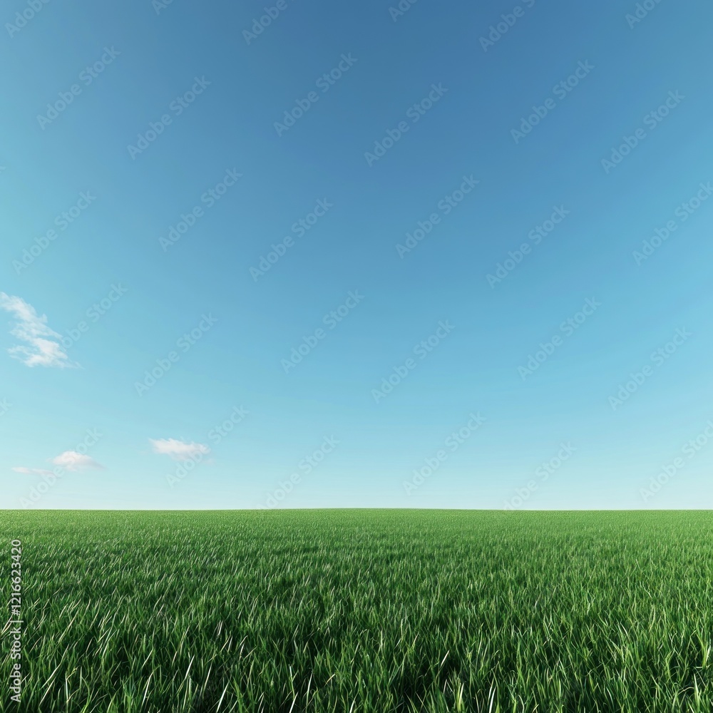Fototapeta premium Green field under a clear blue sky; idyllic nature scene for background use
