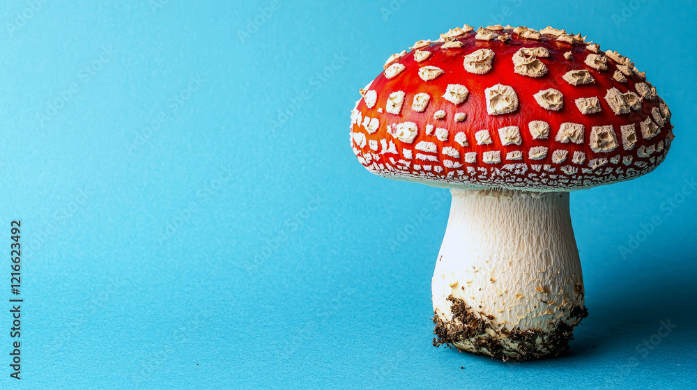 Obraz premium Stunning Close-up of a Red and White Spotted Mushroom on a Blue Background
