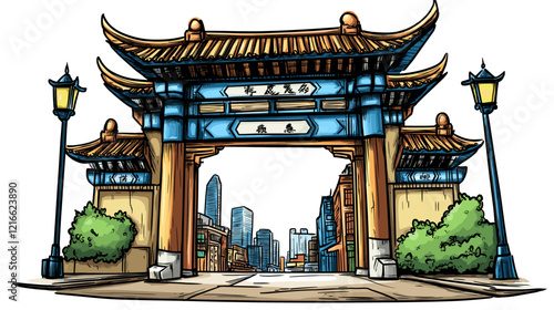 Vector comic hand-drawn illustration of Chinatown gate. Chinatown gate in New York