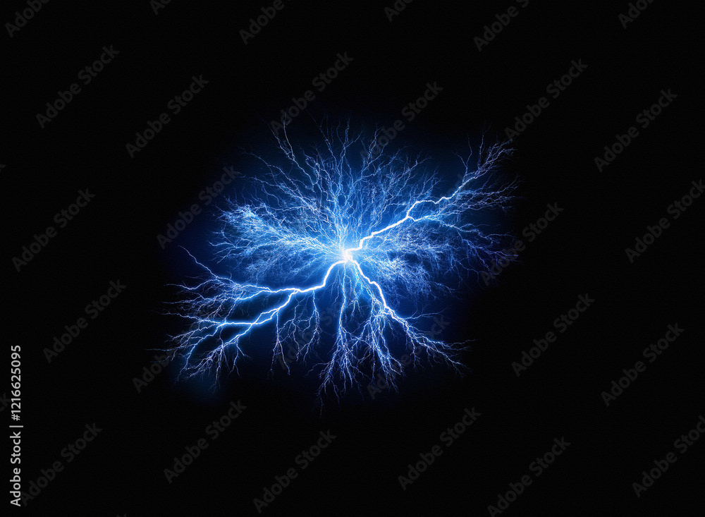 Fototapeta premium Glowing blue electrical discharge, reminiscent of a lightning strike, captured with a grainy paper texture. The image is dark, emphasizing the bright, branching energy.