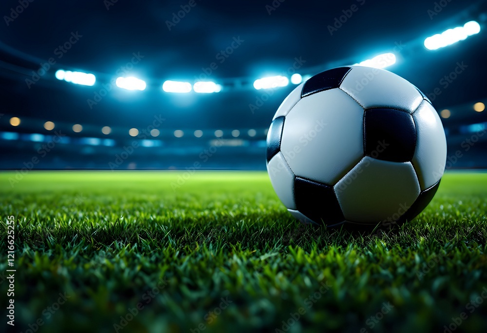 Fototapeta premium Soccer Ball on Lush Green Field: Night Stadium Lights