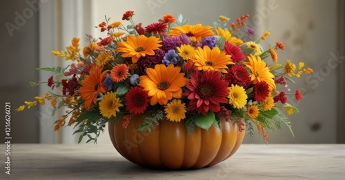 Wallpaper Mural Autumn flowers and foliage arranged in a beautiful bouquet with a small pumpkin as accent, botanical, foliage, fall Torontodigital.ca