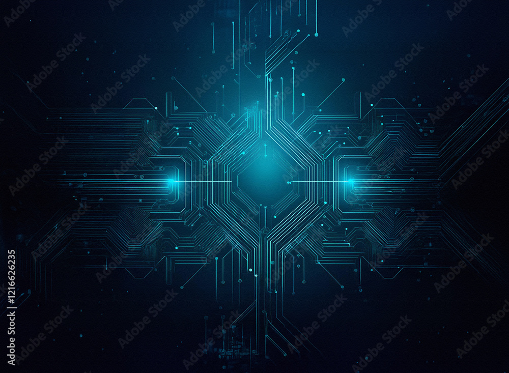 Abstract digital circuit board design. Glowing cyan lines on a dark, grainy paper texture background. The central element is a bright, hexagonal shape. Abstract digital circuit board design. Glowing cyan lines on a dark, grainy paper texture background. The central element is a bright, hexagonal shape.