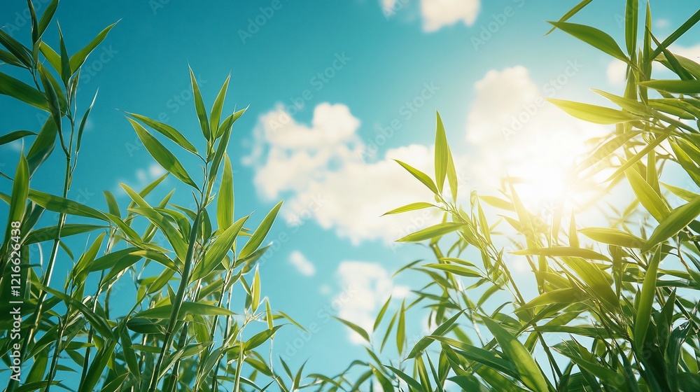 Fototapeta premium Sunny day, green plants, blue sky, clouds, nature background, website banner