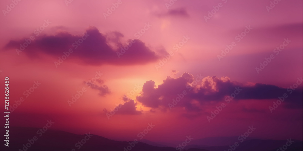 Serene Sunset Sky with Soft Purple and Pink Clouds Over Rolling Hills in Tranquil Landscape
Serene Sunset Sky with Soft Purple and Pink Clouds Over Rolling Hills in Tranquil Landscape