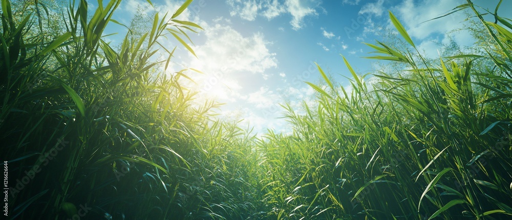Obraz premium Sunny day, tall grass field, blue sky, nature background, website banner
