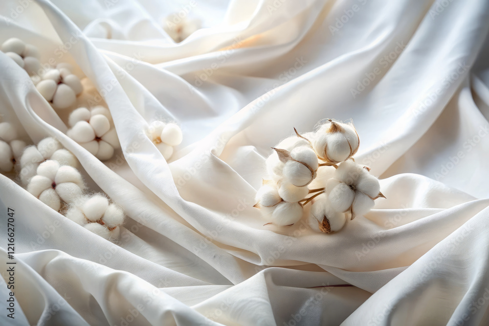 Soft cotton bolls on silky fabric create serene, textured composition Soft cotton bolls on silky fabric create serene, textured composition