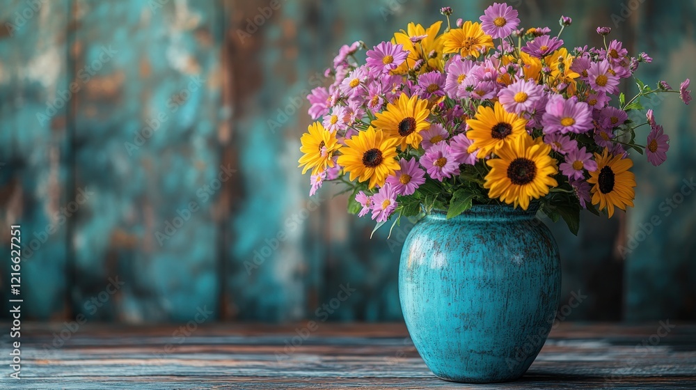 Rustic vase, colorful flowers, wooden background, autumn bouquet, floral arrangement Rustic vase, colorful flowers, wooden background, autumn bouquet, floral arrangement