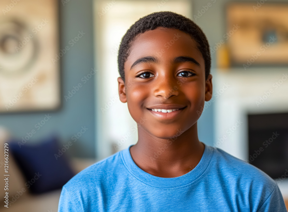 Bright smiles radiate joy as a middle school boy shares a moment of happiness in his cozy living room setting Bright smiles radiate joy as a middle school boy shares a moment of happiness in his cozy living room setting