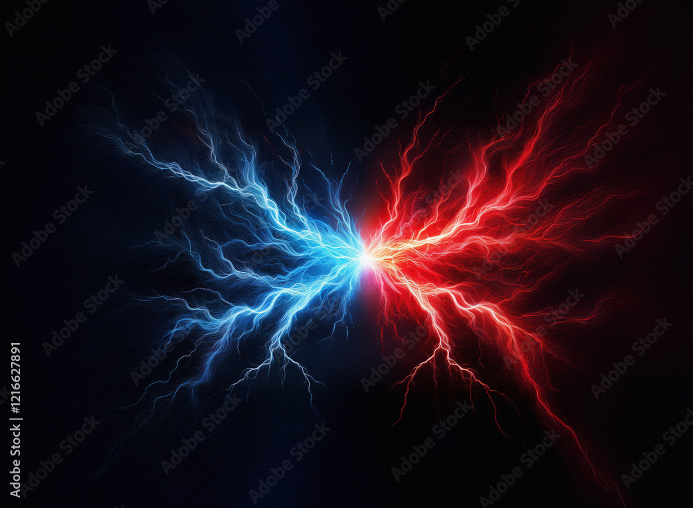 Clashing blue and red energy, resembling lightning, forms a striking, grainy paper texture effect. The visual is dynamic and powerful. Clashing blue and red energy, resembling lightning, forms a striking, grainy paper texture effect. The visual is dynamic and powerful.