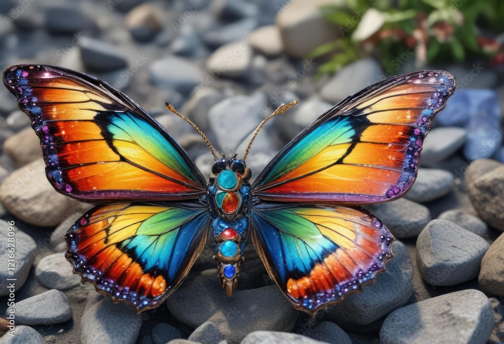 Fototapeta premium Beautiful Butterfly Clasp with Colorful Stones, ornate embellitions, colorful jewelry