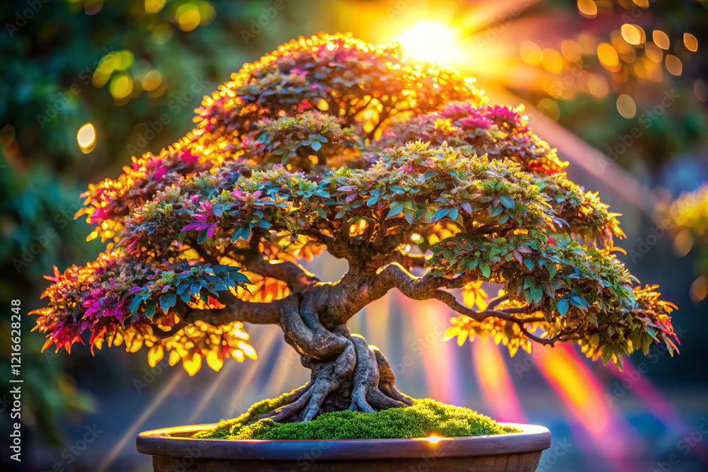 Obraz premium vibrant bonsai tree with colorful leaves illuminated by sunlight