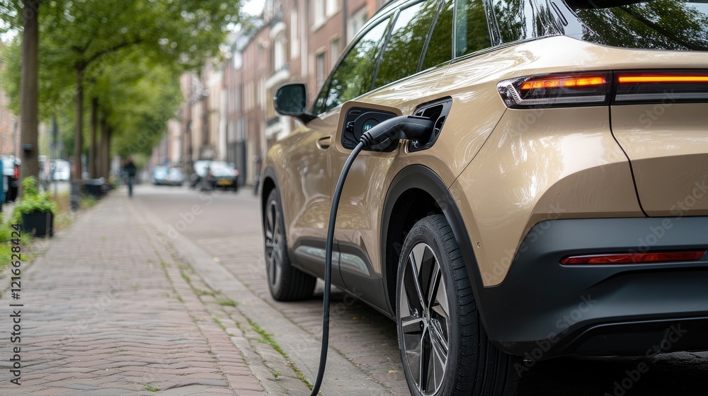 A electric car is charging beside a peaceful lake, framed by lush greenery, reflecting tranquility and modern technology A electric car is charging beside a peaceful lake, framed by lush greenery, reflecting tranquility and modern technology