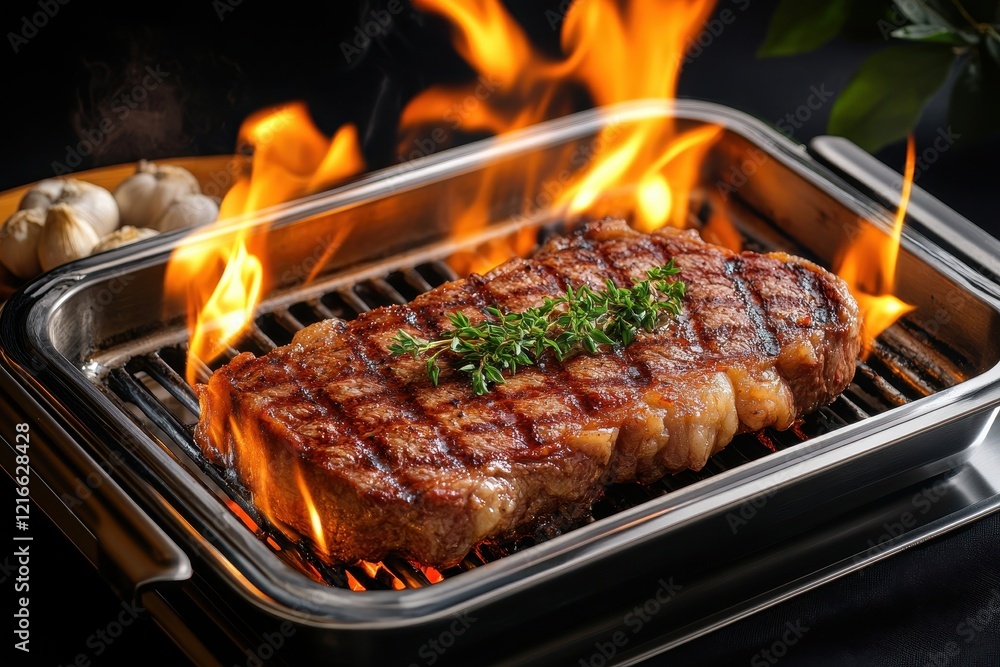 Flaming steak grilling on tabletop grill, kitchen Flaming steak grilling on tabletop grill, kitchen
