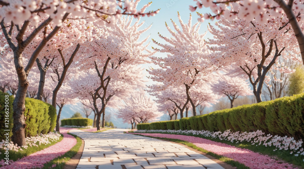 Cherry blossom trees lining a peaceful park path, ideal for blogs, websites, postcards, or spring event promotions Cherry blossom trees lining a peaceful park path, ideal for blogs, websites, postcards, or spring event promotions