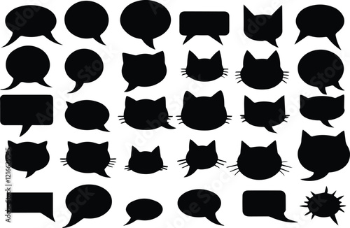 Silhouette dialogue box chat box cat box speech bubbles, blank chat balloons cat face cloud bubble silhouette, empty dialog balloon outline conversation message icon silhouette  vector set