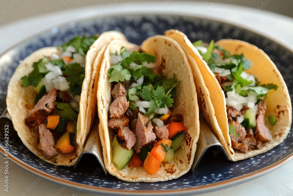 Delicious marinated pork tacos on plate, kitchen setting Delicious marinated pork tacos on plate, kitchen setting