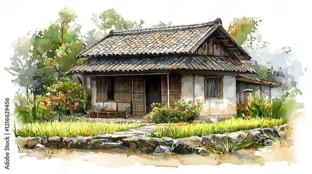 Watercolor Painting of a Traditional Asian House in a Lush Garden. Watercolor Painting of a Traditional Asian House in a Lush Garden.