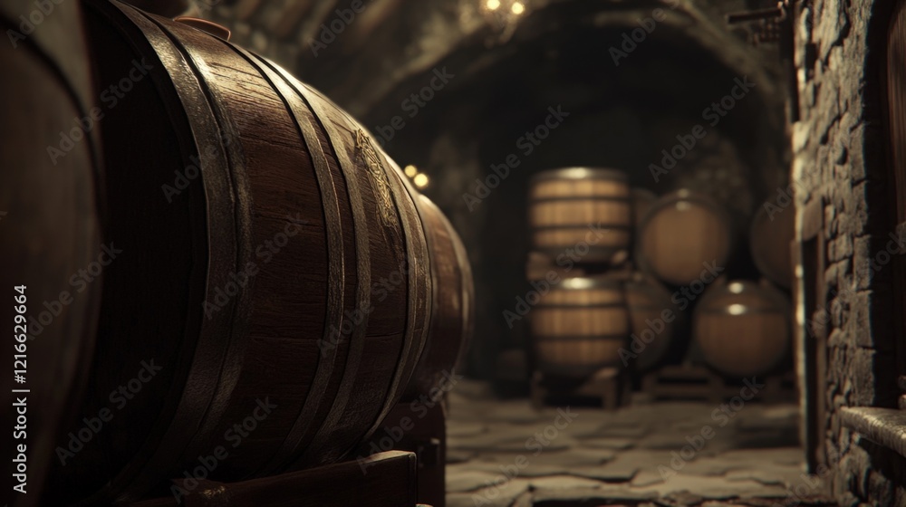 oak barrels aging in a dark wine cellar oak barrels aging in a dark wine cellar