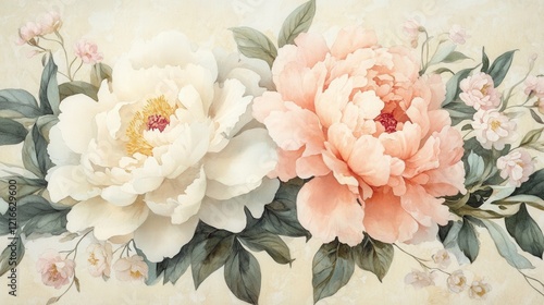 Fototapeta Naklejka Na Ścianę i Meble -  vintage illustration of blooming peonies and leaves